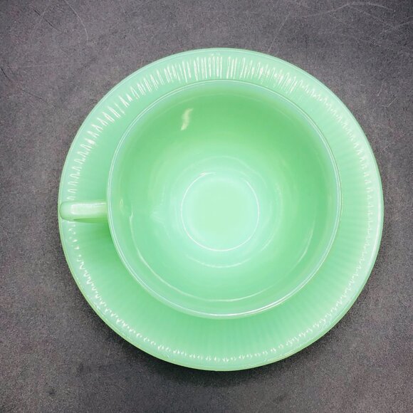 Vintage 50s FIRE KING USA Jadeite Jane Ray Teacup and Saucer Set: MCM Glassware - Picture 3 of 11
